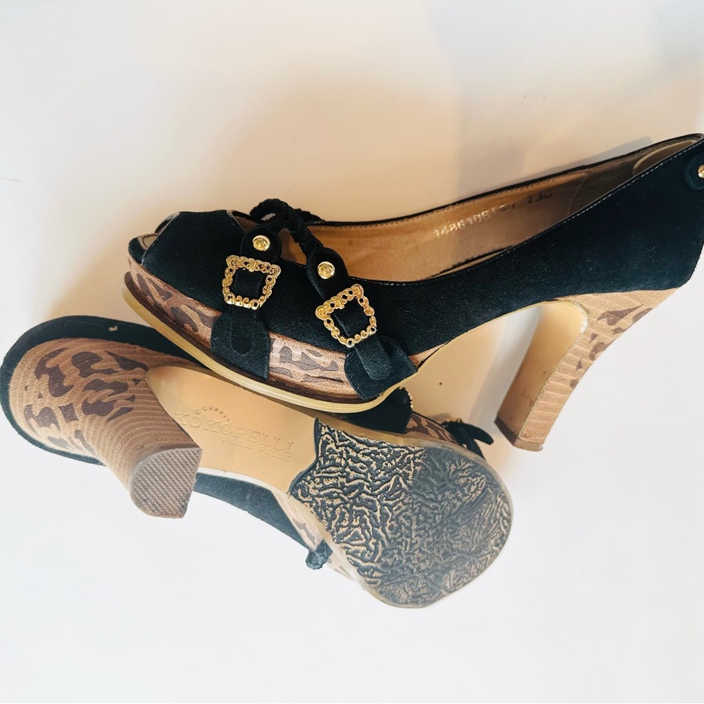 KOKOPELLI Italy Unique Black Suede Wood Platform Heels Gold Accents Sz 6.5